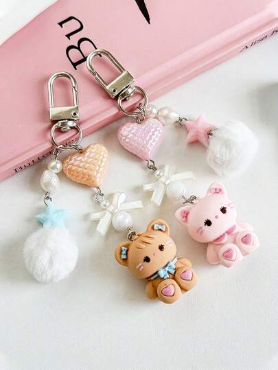 1个兔子钥匙扣，心形相机挂绳，毛球钥匙扣防丢吊坠，包包挂饰，DIY钥匙扣配件，汽车钥匙扣，情侣吊坠，适合作为礼物送给家人、情侣、朋友，生日、派对等场合