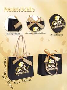 10pcs/1pc Graduation Gift Boxes With Handles (Includes Ribbons), Graduation Gift Bags, Graduation Gift Boxes, Graduation Candy Tote Bag Gift Boxes, Graduation Party Favors - Black With Gold Ribbon [Graduation Season Handbag] - View 4