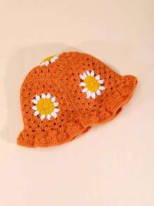 1pc Women's Handmade Crochet Sunflower Pattern Decorated Colorful Patchwork Bucket Hat, Cute & Sweet Style For Traveling And Outdoors Winter Fall Winter Outfits - Hot Pink - View 5