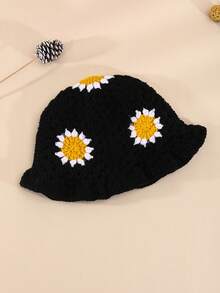 1pc Women's Handmade Crochet Sunflower Pattern Decorated Colorful Patchwork Bucket Hat, Cute & Sweet Style For Traveling And Outdoors Winter Fall Winter Outfits - Hot Pink - View 7