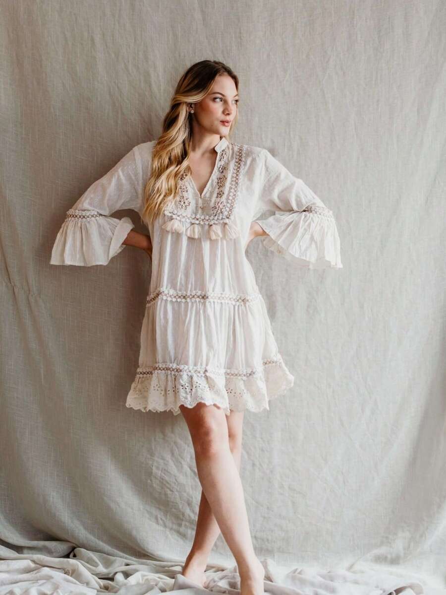 MIA BRAZIL Vestido Feminino  Boho Bordado Manga Flare Leve e Elegante-1303