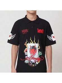 LOF1 Black Polo Shirt With Various Prints: Style And Personality In The Spotlight Loose Summer No Polo Collar - 黑色/皺眉 - 查看 7