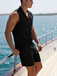 Men's Summer Casual Polo Collar Sleeveless Shirt And Shorts Set - Black - View 3