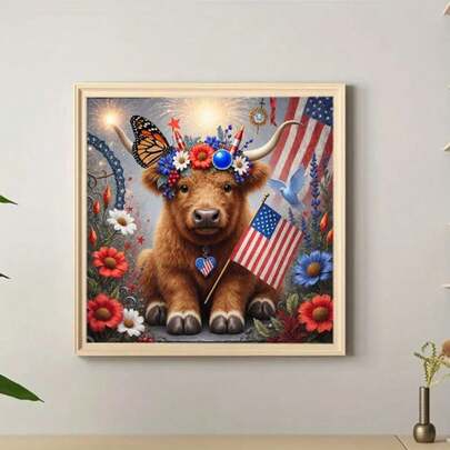 5D Full Drill Diamond Painting Home Decor, Cute Plush Highland Calf Sitting In Floral, Wearing Blue & Red Flower Headband With Red & White Heart Pendant Holding Mini US Flag, Accompanied By Monarch Butterfly And Blue Bird, Surrounded By US Flag, Blue & Red Flowers And Colorful Wreath, Blue & Red Clock Design With Glitter Effect, Framed In Light Wood On Light Gray Wall, Small Potted Plant On Right Side, Creative Handmade Stress Relief Gift