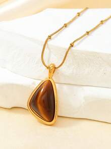 1件时尚复古不锈钢虎眼石宝石项链，适合女性日常、节日、情人节、工作、派对等场合佩戴。 - 金色 - 查看 8