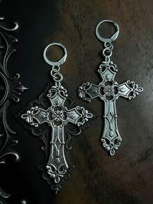 两件套哥特风超大银色水钻十字架耳环，搭配黑色朋克摇滚万圣节配饰，是女士魅力婚礼宣言珠宝。