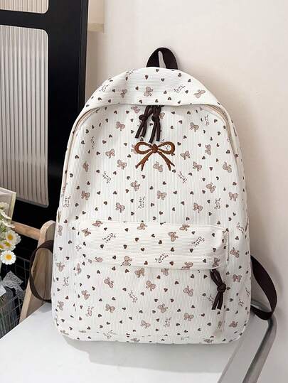 1 st. beige manchestertygsryggsäck med slät dragkedja, broderad rosettdekor, laptopfack, trendig avslappnad multifunktionell ryggsäck med stor kapacitet lämplig för kvinnors dagliga användning