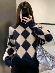 女士经典菱格纹针织套头衫，长袖罗纹针织上衣，中等弹力面料，常规长度，秋季保暖时尚 - 藏蓝色 - 查看 1