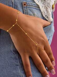 1件时尚个性简约金属串珠链指环手链，百搭，适合日常佩戴（手工切割链条至合适长度，珠子数量随机） - 金色 - 查看 6