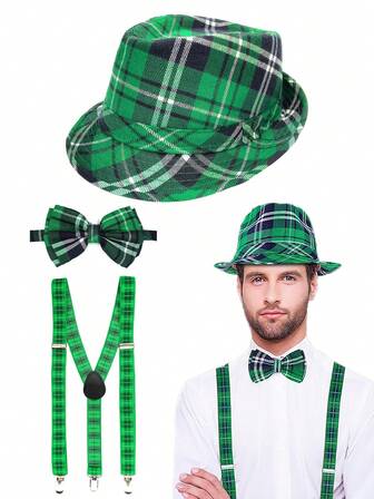 3 delar Forever & Moment irländskt accessoarset Mardi Gras-kostym Herr Kvinnor Paljett/Rutig Fedorahatt Fluga Kostym Hängslen för Karnevalsfest St. Patrick's Day