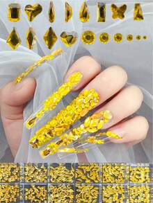 600pcs Assorted Colorful Irregular Rhinestones + 2500pcs Flat Bottom Nail Art Rhinestones, 19 Styles, Suitable For DIY Crafts, 3D Decoration, Flat Gems, Includes Wax Pencil For Nail, Shoes, Clothes, Jewelry, Glass, Great Gift For New Year, Valentine's Day - Yellow - View 8