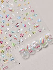 2pcs Cartoon Line Art Cute Girl Style Embossed Nail Art Stickers, Heart, Bow, Star, Flower, Music Note Designs, 5D Delicate Stickers, Suitable For Easter, Music Festival, Wedding Season, Carnival Theme, Easy To Apply For Nail Decoration, DIY, Holiday Gift, Y2K