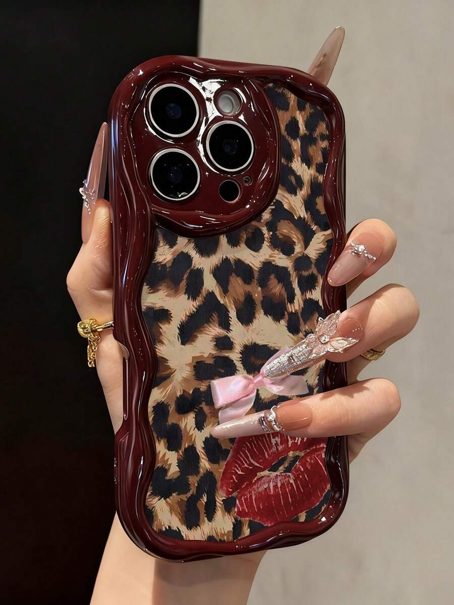 Leopard Print Lip Painted Soft Phone Case Compatible With IP17/IP17PROMAX/Iphone16//Iphone16pro/Iphone16promax/Iphone15/ XR /7p8p/P12promax/P13promax/P14PROMAX /P13/P14/P11/P12/P14, Cute & Fashionable Thick Protective Cover - Multicolor - View 1