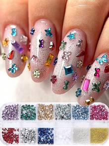 12件迷你钻石美甲装饰品，彩色爱心、蝴蝶、星星、花朵造型，闪亮水钻设计，可爱Y2K风格美甲配件，美甲沙龙用品，DIY美甲装饰 - 彩色 - 查看 1