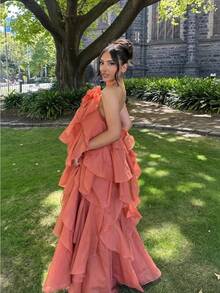 Maxi Dress Dresses For Women Vacation Outfits Women Summer Dresses For Women Vacation Outfits Women Vestidos Elegantes De Mujer Summer Vacation Style Three-Dimensional Flower Neckline Backless Ruffled Skirt - Đầm xếp ly cổ yếm hở lưng họa tiết hoa 3D - màu cam - Xem 1