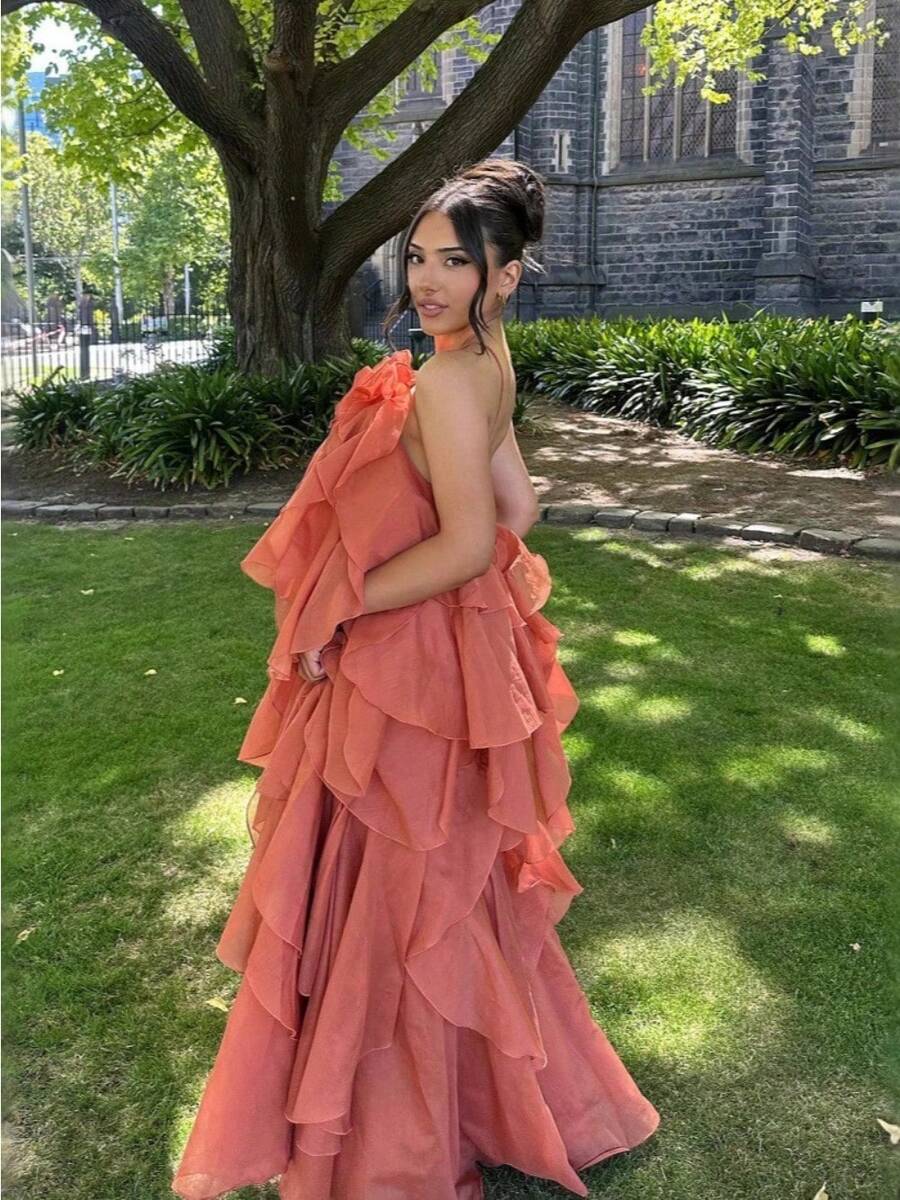 Maxi Dress Dresses For Women Vacation Outfits Women Summer Dresses For Women Vacation Outfits Women Vestidos Elegantes De Mujer Summer Vacation Style Three-Dimensional Flower Neckline Backless Ruffled Skirt - Đầm xếp ly cổ yếm hở lưng họa tiết hoa 3D - màu cam - Xem 1