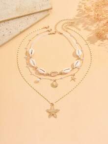 3pcs/Set Bohemian Style Shell & Starfish Decor Necklace, Handmade Rope Choker Necklace, Unique Design Jewelry For Women, Suitable For Daily Wear, Outing, Photo Shoot, Can Be Given As Gifts To Friends