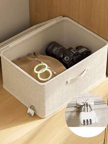 1pc Large Capacity Wardrobe Storage Box, For Clothes, Bedding, And Stationery Organization, With Lid Linen Collapsible Closet Storage Box - Beige - View 5