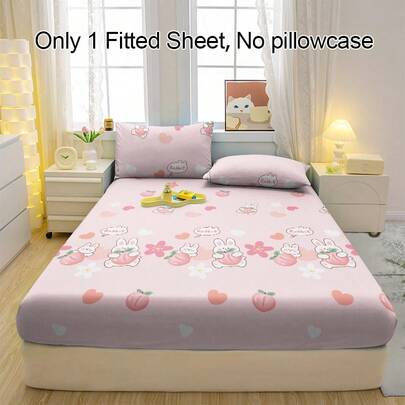 1pc Soft & Breathable Fitted Sheet With Cute Rabbit Holding Peach Pattern, Comfortable Mattress Protector For Bedroom, Guest Room And Dorm, Bedding Set (Pillow Case Not Included)