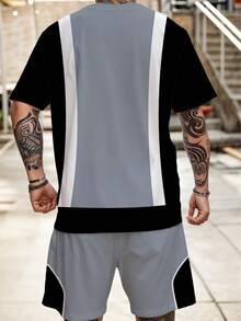 Conjunto de talla grande para hombre de pantalón corto y camisa de manga corta a rayas con estampado de color contrastante, conjunto de 2 piezas con cordón degradado versátil para vacaciones, ejercicio y fitness - Multicolor - Ver 6