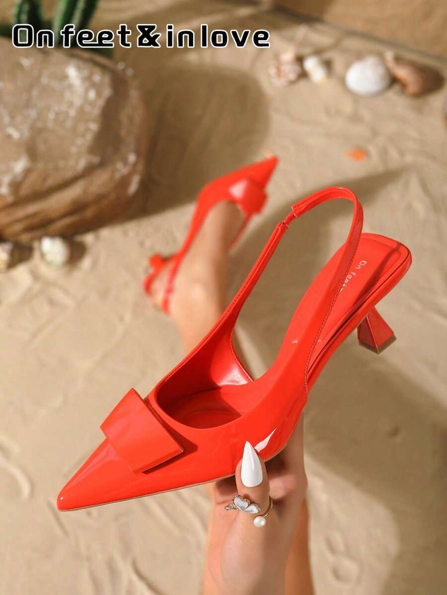 On feet& in love 女士时尚优雅尖头露跟高跟鞋,简约百搭,适合搭配派对礼服 - 橘色 - 查看 1