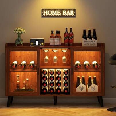 Gabinete de vino moderno Mueble para bar de vinos con luz LED, clóset de café con estante para vino y soporte para vidrio, aparador de cocina con estante de almacenamiento, clóset de licor no empotrado para sala de estar, comedor (negro)