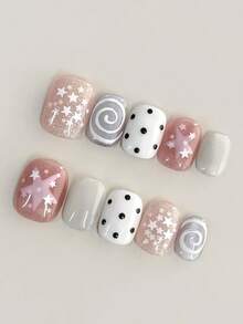 10片装极简可爱ins日常时尚百搭手绘圆形、黑白波点、Y2K粉白闪粉五角星短方形和圆形美甲贴纸，情人节礼物，闺蜜礼物，美甲用品，手工按压式美甲贴片 - 彩色 - 查看 7