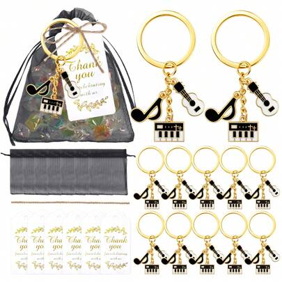 20 stycken / 5 set piano- och gitarrnyckelringar, utrustade med en tunn tygpåse och en tacketikett. Denna kreativa och snygga väskhänge är lämplig för födelsedagskalas, karaoke-musiktillbehör med rocktema och är lämplig för rockmusikfester.