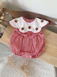 Newborn Baby Girls Cute Ruffle Collar Bow Strawberry Embroidery Plaid Romper, Spring/Summer - Red - View 5