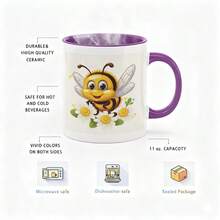 1pc Hardworking Bee Design Mug - 11oz Ceramic Coffee & Tea Cup With Cute Cartoon Bee, Daisies & Polka Dot Pattern - Perfect Gift For Elderly Men, Women, Birthdays, Mother's Day, Father's Day, Christmas, Bee Decorations For Home, Everyday Drinkware, Cheerful Kitchenware, Durable Drinkware - 紫色 - 查看 5
