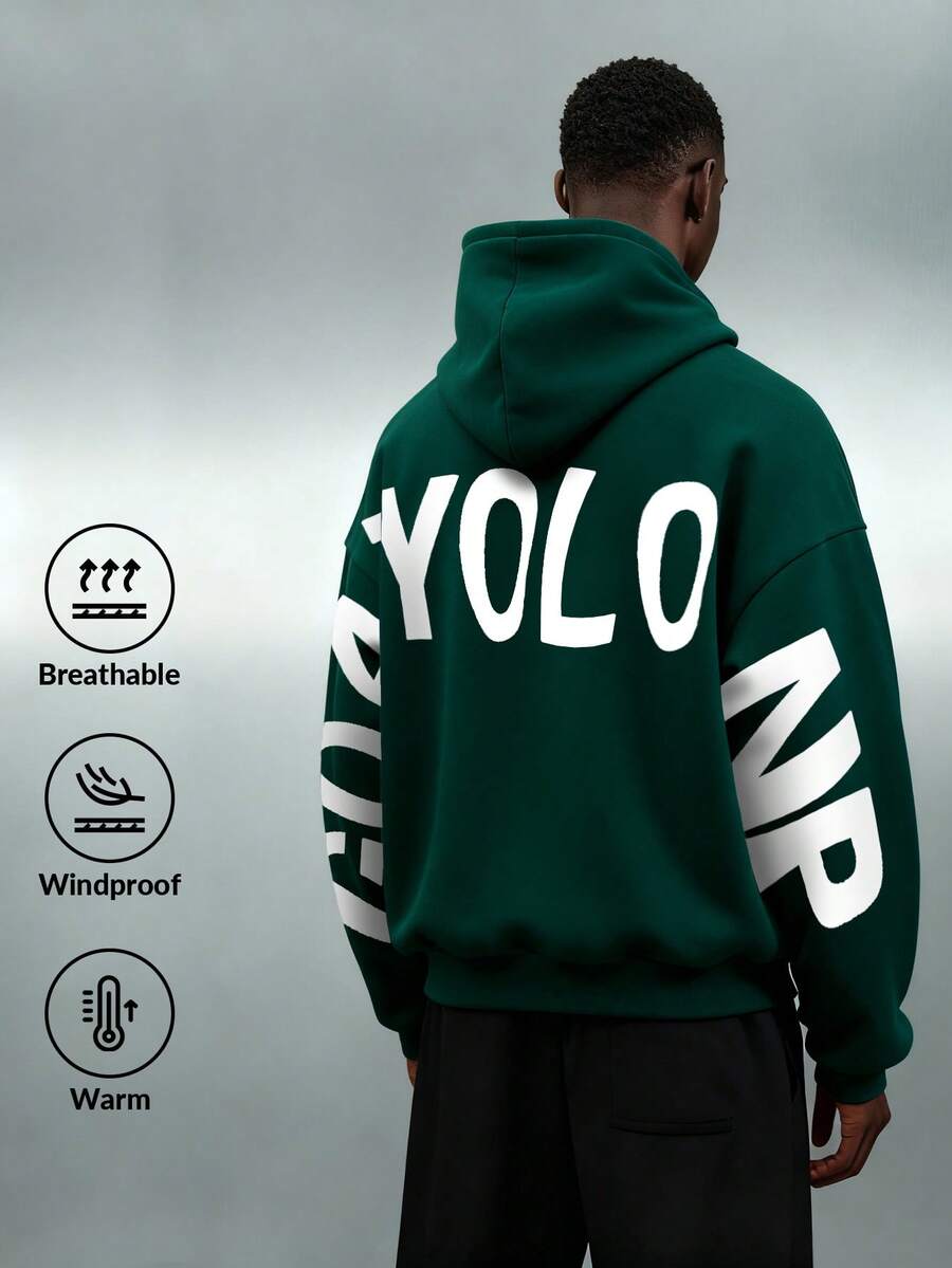 Camvyn 男士字母印花长袖口袋抽绳连帽卫衣，秋冬季休闲款 - 墨綠色 - 查看 1