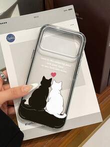 1pc Black & White Couple Cat Transparent Phone Case, Romantic Slogan Black Soft Edge Shockproof Protective Cover, Suitable For Pet Lovers/Valentine's Gift, Compatible With IPhone Cases - Clear - View 2