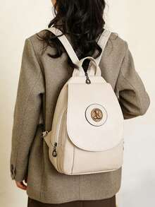 Women's Elegant Flap Shoulder Bag PU Leather Top-Handle Chic Backpack With Multi Zipper Pockets For Daily Use And Dating Events - Màu be - Xem 5