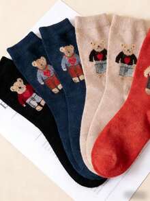 3 pares de calcetines de media caña con oso aleatorio, calcetines largos gruesos de dibujos animados dulces, calcetines holgados de estilo japonés - Multicolor - Ver 6