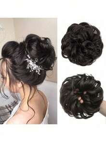 1件优雅波浪卷发头巾式接发，加厚合成发髻，女士自然逼真发饰，适合婚礼和时尚盘发造型