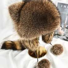 Small Raccoon Cold Cap, Full Ear Tailed, For Women&Children, Khaki - 卡其色 - 查看 4