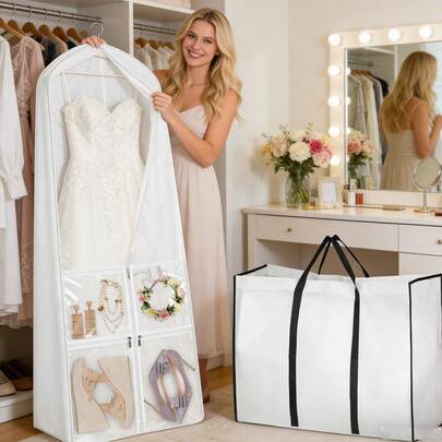 1pc Breathable Dustproof Long Wedding Dress Garment Bag, Elegant Design With Multiple Pockets, 3 Transparent Windows And High-Quality Zipper. Made Of White Non-Woven Fabric, Suitable For Storing Wedding Gowns, Shoes, Jewelry, Evening Dresses And Bridal Attire.