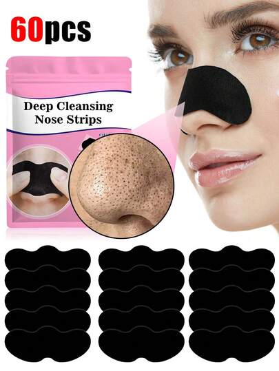 60 tiras negras para la nariz, tiras para los poros de la nariz, tiras para eliminar los puntos negros, tiras para la limpieza de poros sin alcohol - Limpieza profunda y reducción de poros, eliminación de puntos negros y blancos, adecuado para todo tipo de piel, eliminación de puntos blancos, fácil de usar, fórmula suave, herramienta de cuidado de la piel, limpieza facial diaria y cuidado, cuidado de la piel diario.