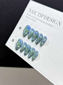 10 Pieces Of Purely Handmade Wearable Nail Tips, Short Almond-Shaped Nail Type With Press-On Fake Nails, Featuring A Cool Style, Hand-Painted Dark Green Nail Base Color, Three-Dimensional Transparent Asymmetrical Water Droplets, Hand-Painted Starburst Patterns, Blue Aurora Effect On The Nail Surface Nail Supplies - Multicolor - View 6