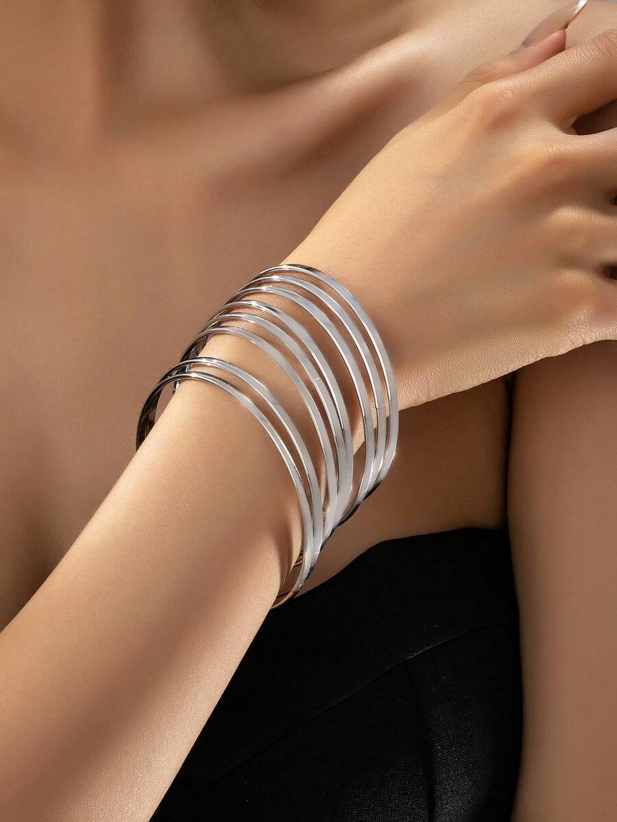 8pcs Minimalist Metal Bangle Set, Punk Gothic Style 8pcs Smooth Surface Bracelet Set, Suitable For Daily Wear