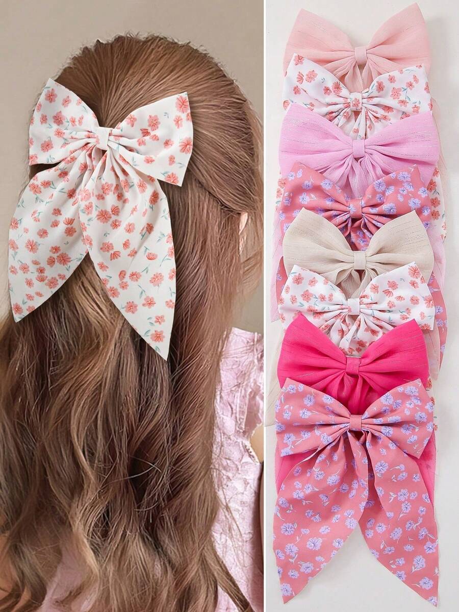 8pcs Shiny Silver Organza Bow Flower Hair Clips, Suitable For Cute Girls' Daily And Holiday Use, Fashionable And Versatile Hair Accessories, Perfect Gift For Women - Multicolor - View 1