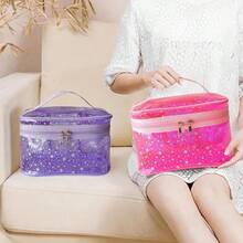 Star Print Purple PVC Makeup Bag With Handle - 8.66 * 5.51 * 5.51 Inch,Clear Storage Bag Toiletry Pocket Portable Zippered Pouch Waterproof Cosmetic Organizer Bags For Women (Purple-L) - 紫色-l - 查看 6