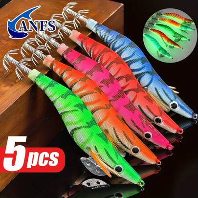 5pcs Luminous Fishing Lure - Squid Jig Hook With Realistic Shrimp And Cuttlefish Design, Artificial Bait For Saltwater