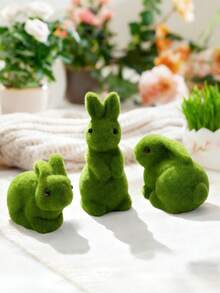 3pcs Easter Bunny Home Decor, Artificial Moss Rabbit For Easter Decorations,Cute Bunny Figurines As Spring Decor - Green - View 2