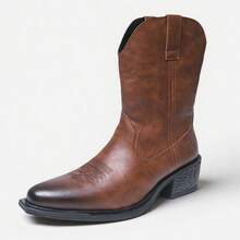 Men's Classic High-Top Leather Boots, Featuring Retro Pointed Toe Design And Fashionable Chunky Heel, Blending Western Cowboy And Knight Styles. Made Of Microfiber Leather Upper And Rubber Sole For Comfort And Durability. - Brown - View 5