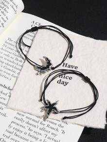 1 Pair Dark Moon & Star Drip Oil Lava Waterdrop Braided Friendship Bracelet, Unisex - Silver - View 2