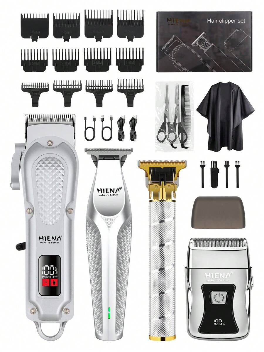 男士电动理发器套装（4件套/2件套/1件套），USB充电式理容套装，包含理发器、电动剃须刀、雕刻剪刀，多功能男士理发及胡须护理套装，多种配件，礼盒包装，理想的节日礼物 - 銀色 - 查看 1