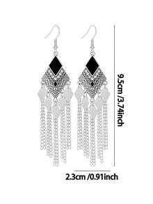 TopHanqi 1 Pair Long Chain Earrings, Geometric Rhinestone Rhombus Retro Silver Distressed Earrings, Versatile For Daily Wear, Commute, Party - Antique Silver - View 5