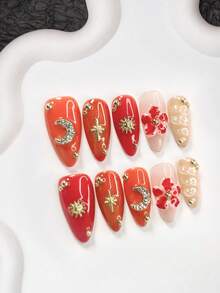 10件套琥珀风主题美甲凝胶套装，包含亚克力按压式美甲贴纸、金色太阳星空美甲装饰、手绘五瓣红色雕塑花、金边银色水钻月亮设计、纯色水波纹美甲装饰、红色和黄色指甲油，以及美甲工具。 - 彩色 - 查看 11