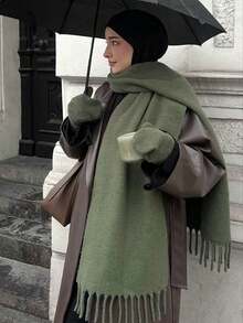 1件装女士加厚纯色毛绒流苏围巾，保暖秋冬时尚披肩，柔软舒适毯式围巾，百搭日常配饰 - 軍綠色 - 查看 3